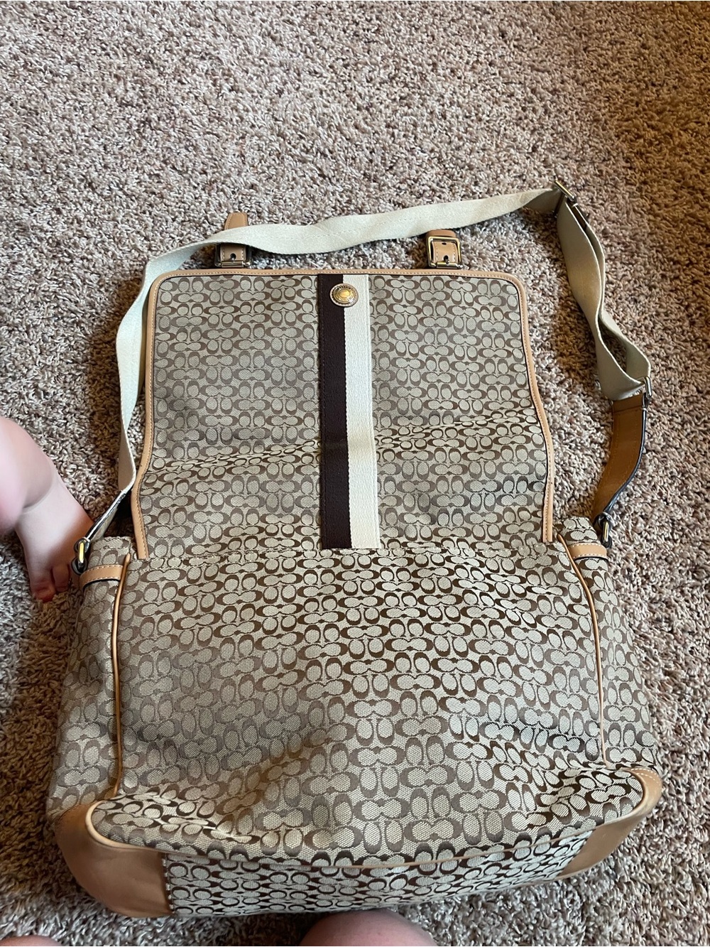 Coach Canvas Messenger Bag in Khaki and Tan with Stripe Detail - Picture 11 of 13